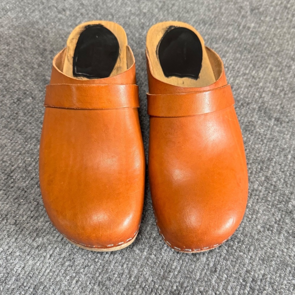 Swedish Hasbeens Classic Clogs Tan Leather Wood Mules Size 39 EU AS IS